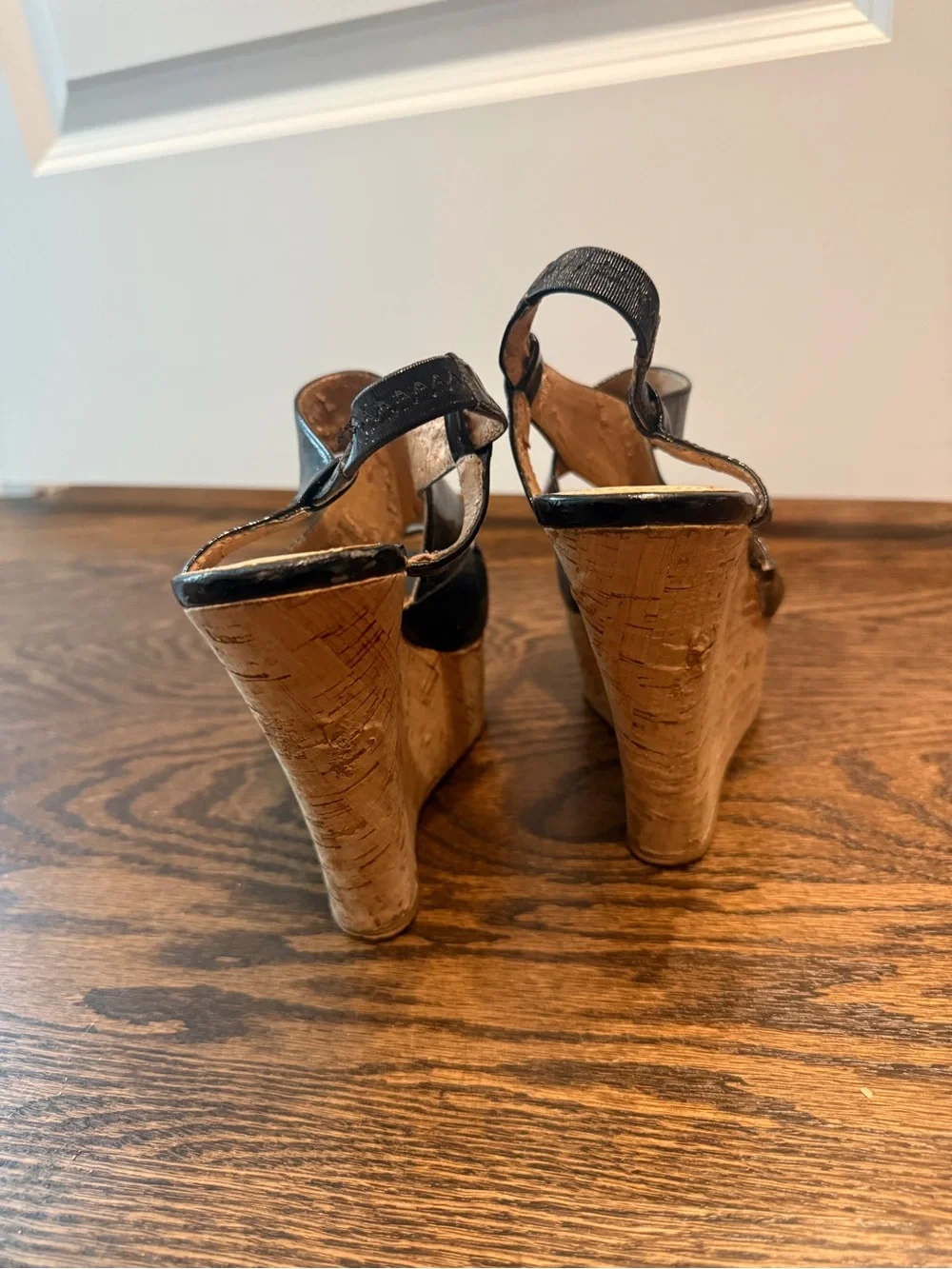 Steve Madden Black Patent Cork Wedge Sandals - Crisscross Slingback